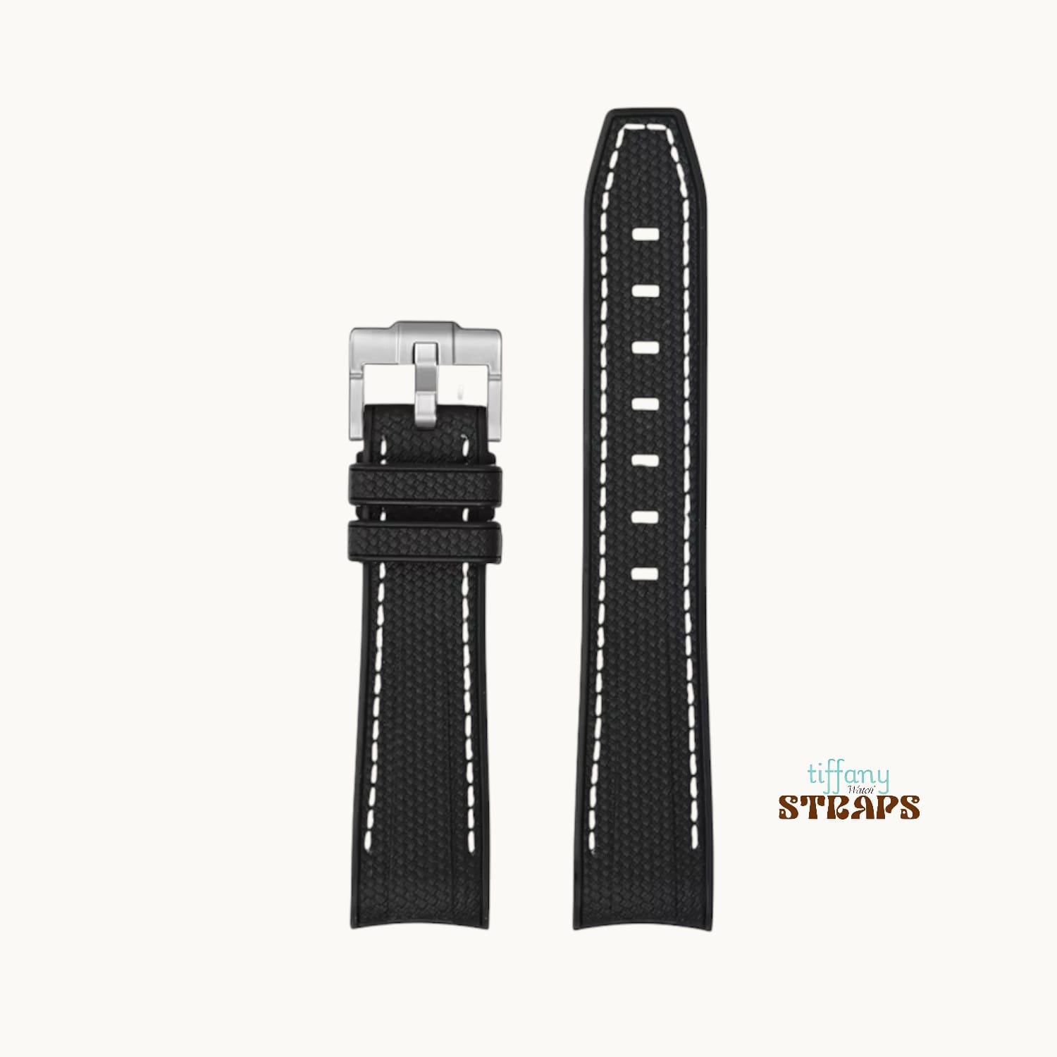 Curved Omega Textured Strap Black with White Stitch