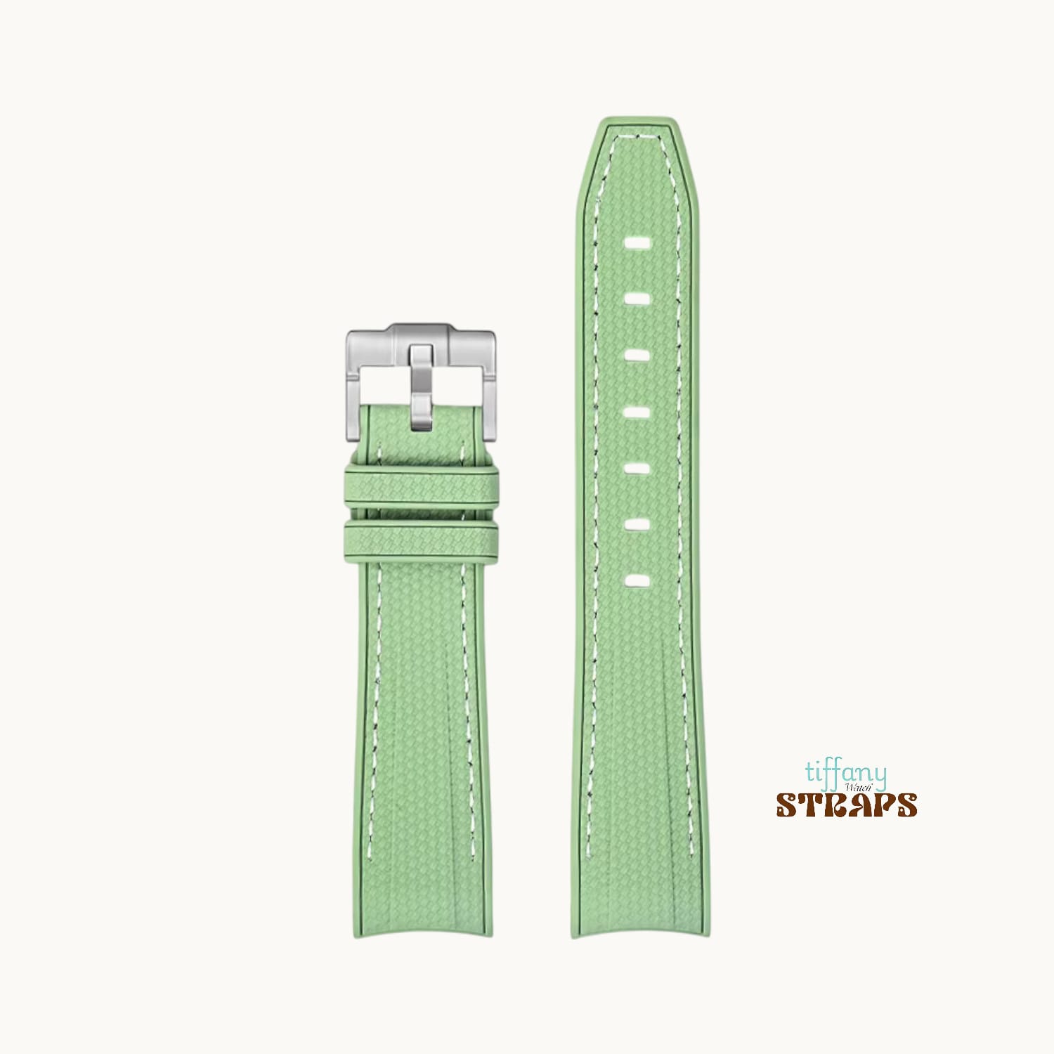 Curved Omega Textured Strap Mint Green with White Stitch