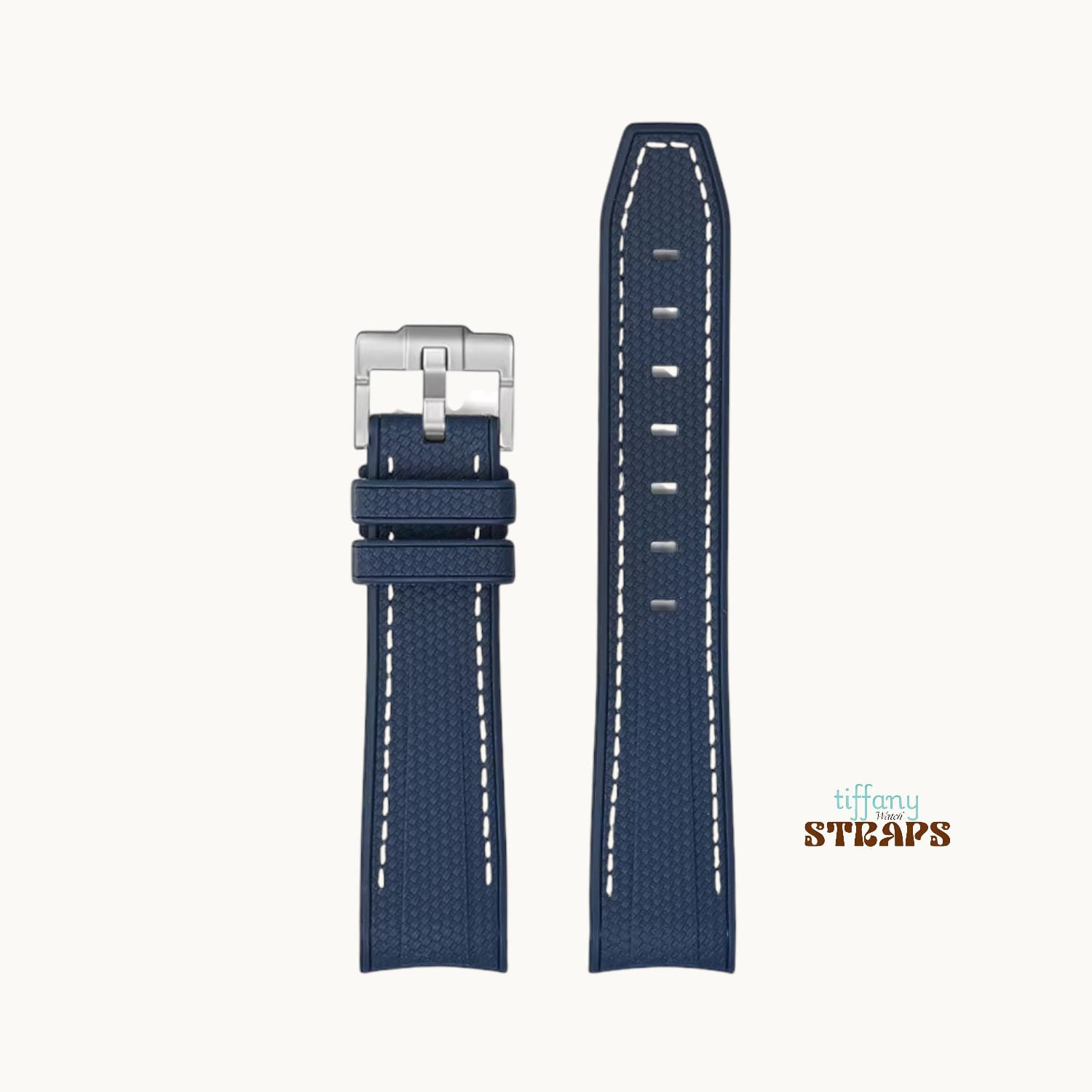 Curved Omega Textured Strap Navy with White Stitch