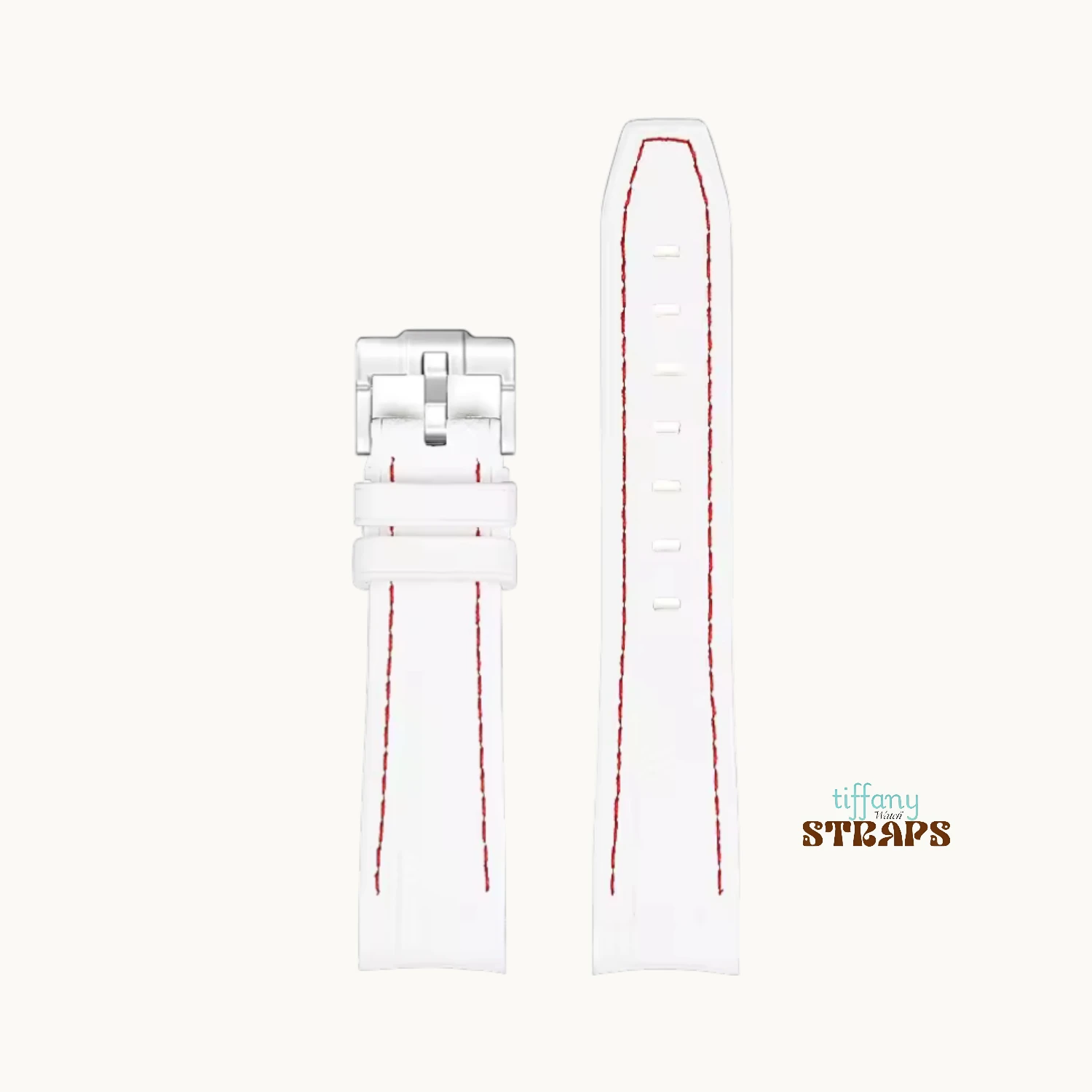 Curved Omega Textured Strap White with Red Stitch